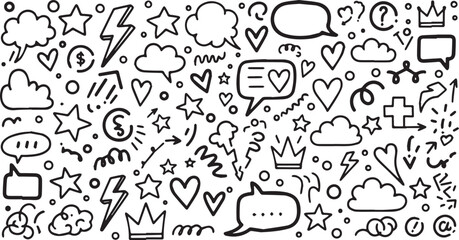 Obraz premium Hand drawn doodle elements set with speech bubbles hearts stars and arrows.