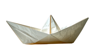A minimalist white paper origami boat featuring clean geometric folds and a classic sailing silhouette.