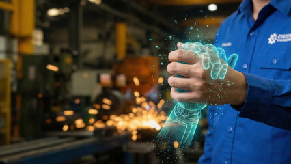 Technology hologram engineer innovation industry robot sparks workshop digital future hand glove augmented virtual automation factory worker metal