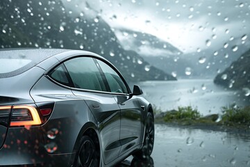 Gray car parked on a wet road with rain splashing on the window, overlooking a mountain lake. Automobile in moody weather for travel.
