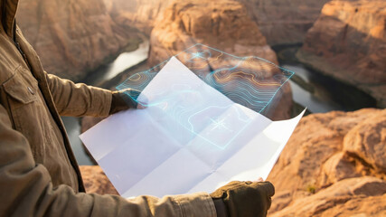 Hologram map canyon river desert cliff explorer technology navigation travel landscape outdoor nature adventure futuristic virtual augmented