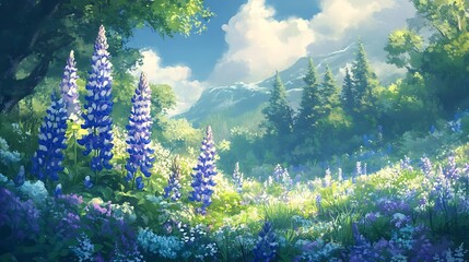 Blue lupine flowers bloom beneath a sunny sky in a majestic mountain forest