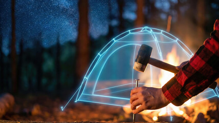 Night camping digital tent campfire forest starry sky hologram hammer stake outdoor adventure night camping digital tent near campfire forest
