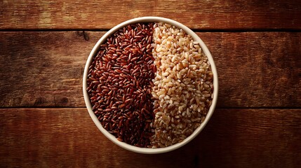Bowl of Red and Brown Rice Grains on Rustic Wooden Tabletop