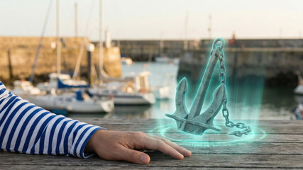 Anchor hologram sailor hand harbor wooden table boat chain dock futuristic technology virtual projection nautical marina water sea 3d glow coastal