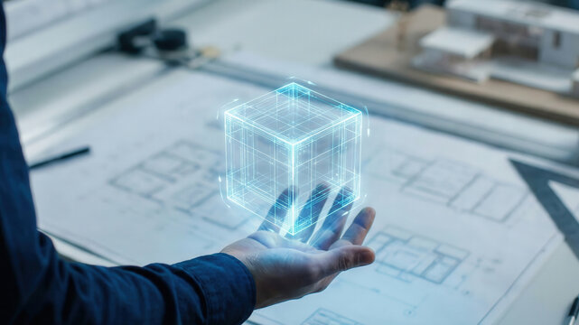 Futuristic hologram cube technology innovation digital design concept over engineer hand futuristic hologram glowing softly - Powered by Adobe