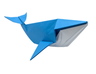 Minimalist blue whale origami model with a clean geometric papercraft design.