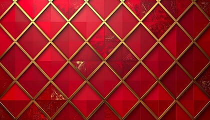 Red tile pattern with gold diamond shaped trim. Perfect for luxury interior design, home decor, or elegant background illustrations.