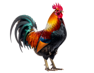 A stunning rooster featuring vibrant red and golden plumage with iridescent emerald tail feathers in a proud stance.