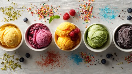 Colorful Ice Cream Bowls with Toppings on Whitewashed Wood Tabletop