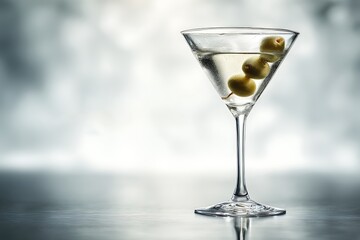 Martini cocktail with green olive on skewer in classic glass on table. Alcoholic drink for party menu. Elegant beverage concept.