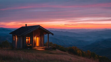Cozy Cabin Glows at Sunset Over Rolling Mountains, Peaceful Retreat