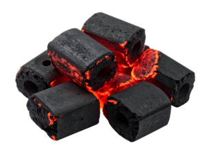 A pile of burning black charcoal briquettes with intense red-hot glowing embers and realistic textures.
