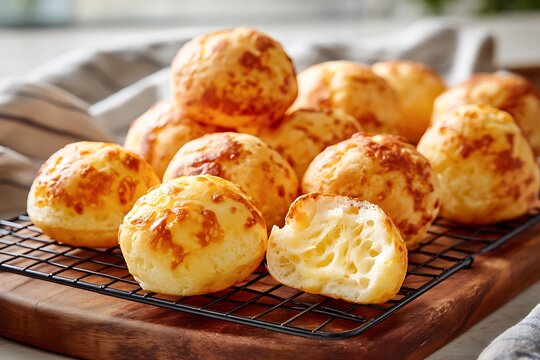 Freshly baked cheese bread on cooling rack. Delicious quick snack for breakfast or appetizer. Traditional Brazilian p&atilde;o de queijo.