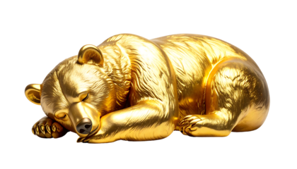 A stunning 3D render of a sleeping golden bear with a polished metallic finish, symbolizing wealth and stability.