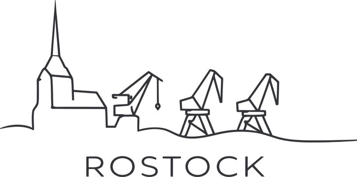 Rostock city skyline with harbor cranes and church vector illustration