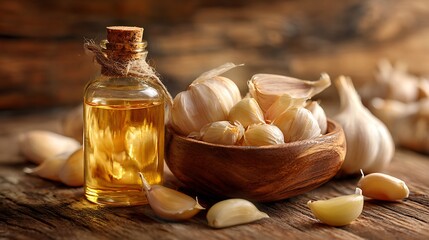 Garlic and Oil Still Life on Rustic Wooden Table