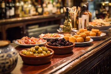 Variety of traditional spanish tapas and snacks laid out on a wooden counter in a bar, perfect for a culinary experience.