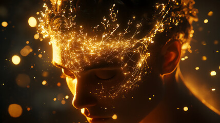 Meta creator with a glowing neural crown and data streams orbiting the head in cinematic detail 