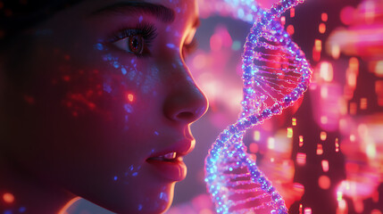 Meta creator interacting with holographic DNA strands, soft fill light highlighting facial features 