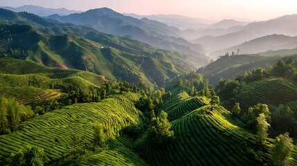 Lush Green Tea Terraces and Misty Mountains Landscape at Sunrise