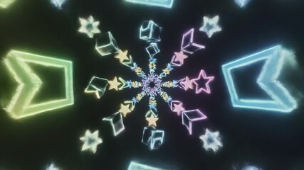 Captivating neon light display featuring symmetrical snowflake patterns and glowing geometric shapes set against a dark background, perfect for festive or decorative video visuals. - Powered by Adobe