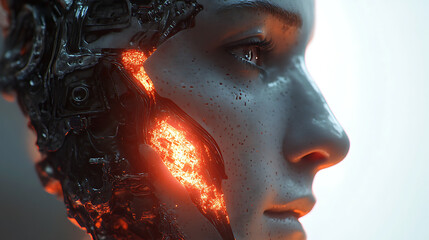 High-detail close-up of a meta creator&rsquo;s face with one half biological and the other biomechanical, glowing softly 