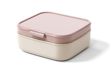 Square plastic lunch box with pink lid and beige base, a reusable food container for meal prep, school, office. Minimalist design for everyday use.