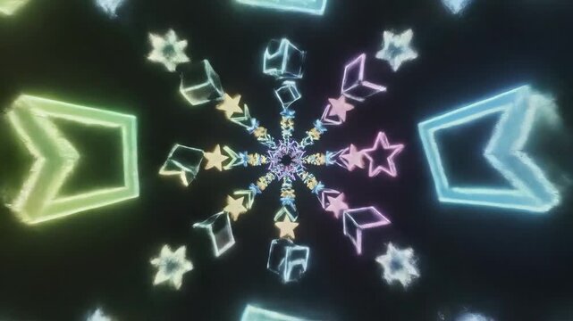 Captivating neon light display featuring symmetrical snowflake patterns and glowing geometric shapes set against a dark background, perfect for festive or decorative video visuals.