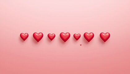 Row of glossy red hearts in varying sizes displayed on a soft pink background symbolizing love