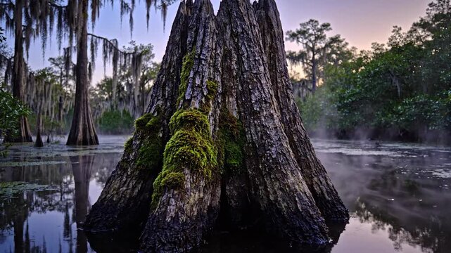 Lone moss-laden tree stump rising from shallow dark water amidst a misty swamp at dawn