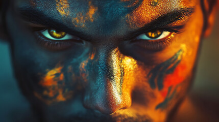 Emotional gaze of a meta creator with vibrant skin colors and digital tattoos alive with motion 