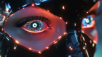 Close-up of meta creator with embedded lenses in the eyes, reflecting data visualizations and light flares 