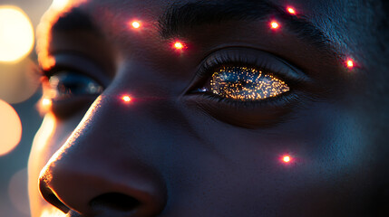 Close-up of meta creator with embedded lenses in the eyes, reflecting data visualizations and light flares 