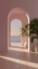 Pink Arched Doorway with Ocean View and Palm Trees in White Pots