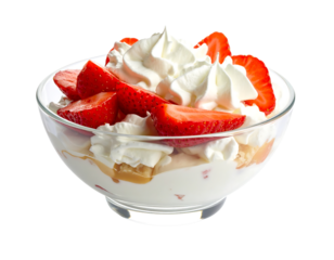 Delicious strawberry parfait with fresh whipped cream and vibrant berry slices.