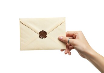 Single hand holding antique envelope with wax seal on white background, vintage mail concept for historical letters, classic invitations, and old-style communication.