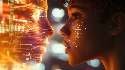 Close-up of a meta creator speaking to an AI hologram, illuminated with warm soft tones and detailed highlights 