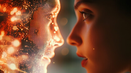 Close-up of a meta creator speaking to an AI hologram, illuminated with warm soft tones and detailed highlights 