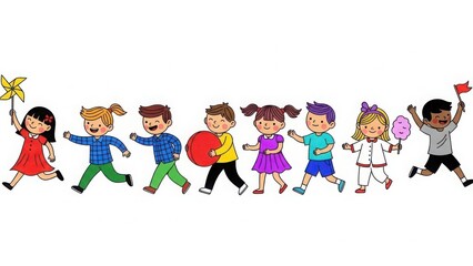 Fototapeta premium Illustration of group of happy children running and playing together isolated on white background, having fun and enjoying childhood