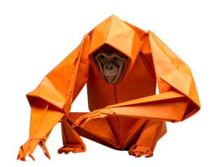Intricate orange origami orangutan with detailed geometric paper folds.