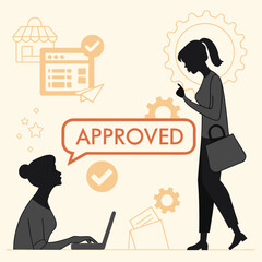 Naklejka premium Businesswomen managing online applications and receiving approval showcasing efficient digital processes.