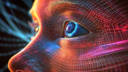 Close-up of a meta creator mid-thought, quantum logic patterns flashing across the pupils 