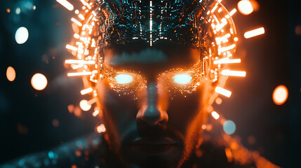 Cinematic shot of a meta creator with luminous eyes and intricate headgear forming a digital halo 