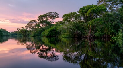 Still River Reflecting Lush Amazonian Forest Canopy at Sunset