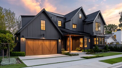 Striking Modern Farmhouse Exterior with Dark Siding and Warm Sunset Hues