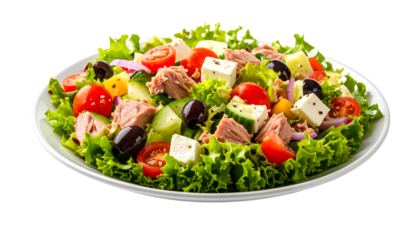 Fresh tuna salad with cherry tomatoes, black olives, and feta cheese.