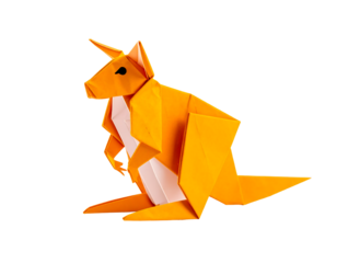 Minimalist orange origami kangaroo with clean geometric paper folds.