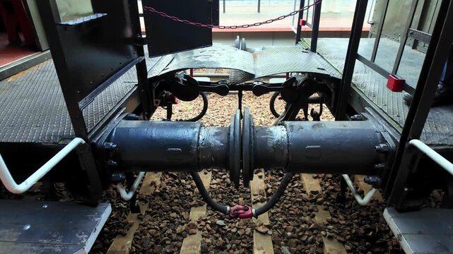 Railway wagon coupling with brake hoses and service platforms visible on station tracks within urban rail infrastructure