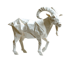 Intricate white origami mountain goat with detailed geometric paper folds.